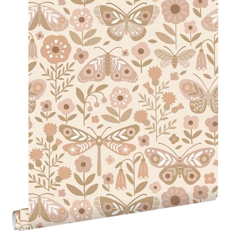 papier peint fleurs & papillons beige et rose  - ESTAhome