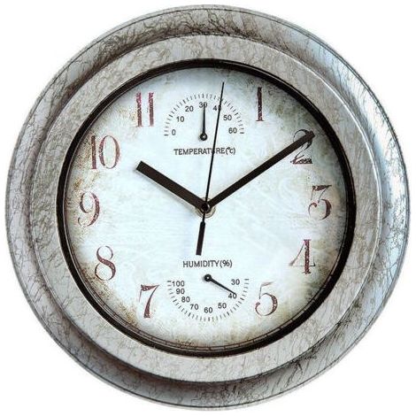 Wasserdichte Außenuhr mit Thermometer und Hygrometer, geräuschlose Metallwanduhr ohne Ticken, batteriebetriebene Uhr für Pool, Garten, Terrasse, Zaun, Veranda (1/5)