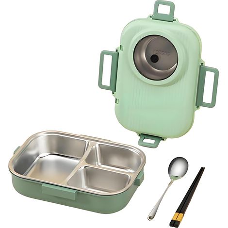Lunchbox-Set aus Edelstahl 304 – Auslaufsichere, tragbare Lunchbox für Erwachsene mit Essstäbchen, Löffel und Suppenschüssel – Perfektes Geschenk (Grün) (1/5)