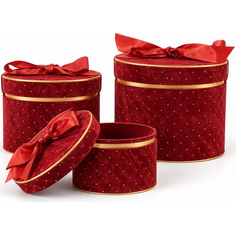 Set 3 Scatole Ovali Decorazione Natalizia Bordeaux 16/20/25cm Scatola con Fiocco (1/5)