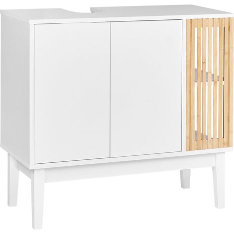 Mueble de baño para lavabo bambú MDF patas de madera de pino estantes de almacenaje muebles de baño blanco y madera clara Nubes
