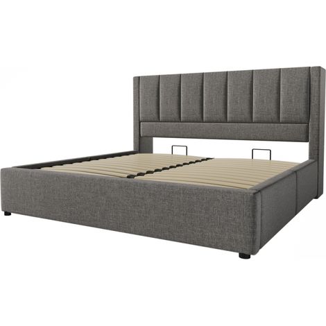 Cama canapé abatible 140x200 cm con colchón, portavasos oculto y estación de carga, lino gris (1/5)