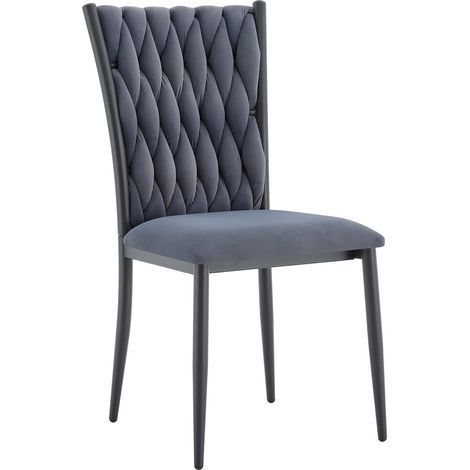 Silla de comedor de terciopelo gris oscuro con respaldo alto capitoné y patas de metal (1/5)