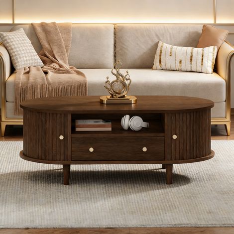 URBAN MEUBLE Table basse ovale vintage effet noyer avec tiroir et porte coulissante 100x50x36cm (1/5)