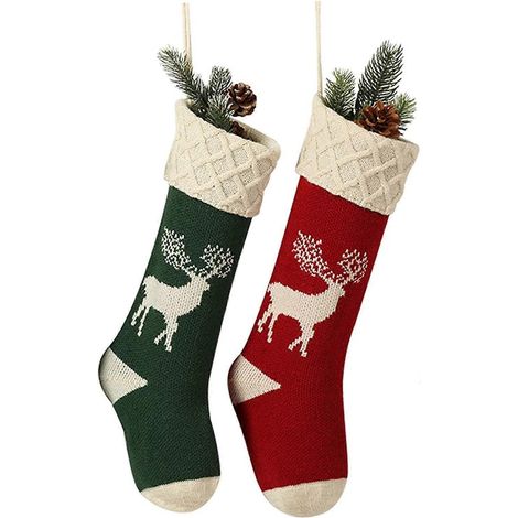 Weihnachtsstrümpfe, große Größe, 2er-Set, 45 cm (18 Zoll), extra lang, handgestrickt, rotes und grünes Rentier- und Schneeflockenmuster, zur Dekoration des Hauses während der Weihnachtszeit.
