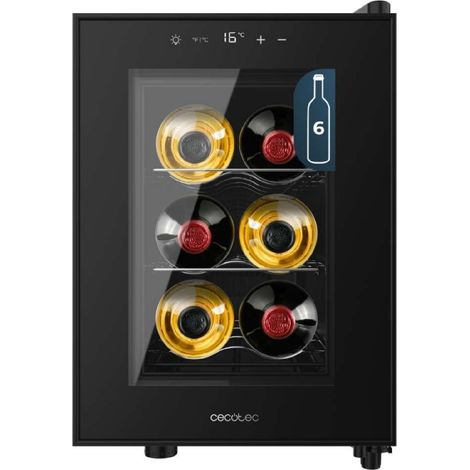 Cecotec Cave à Vin Bolero GrandSommelier 600 CoolCrystal E, Capacité 6 Bouteilles, Étagères Métalliques, Contrôle Tactile