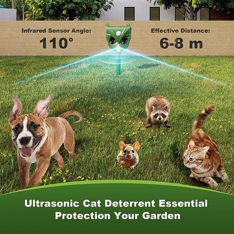Dispositivo repellente per gatti a ultrasuoni, 5 modalità, per esterni, impermeabile IP44  Ricarica solare USB, rilevatore di movimento, per allontanare gatti, cani, topi, procioni e animali da giardi (1/5)