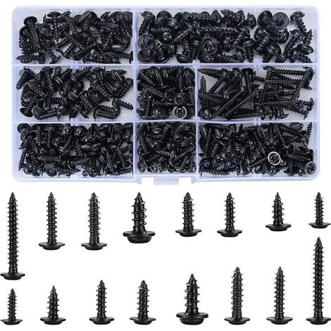 340 Pièces Vis Autotaraudeuses, Vis Autoforeuse Acier Carbone, Vis à Bois Noir, Kit Vis Tête Ronde, Vis Cruciforme Tête Plate pour Métal en Bois Souple - 8 Spécifications, Avec un Boîte Plastique