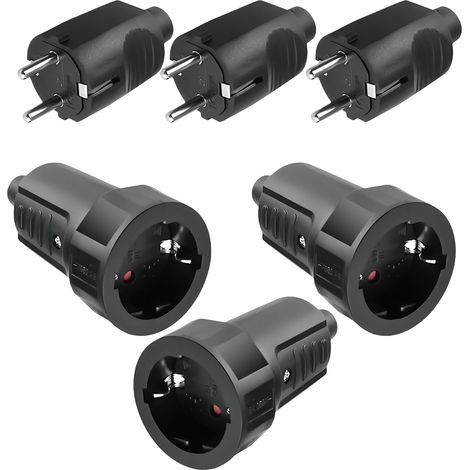 Lot de 3 paires de prises Schuko - Prise Schuko pour l'extérieur - 250 V - 16 A - IP54 - Sans câble - 2 pôles - Coupleur extérieur en caoutchouc et fiche Schuko étanche - Noir (1/5)