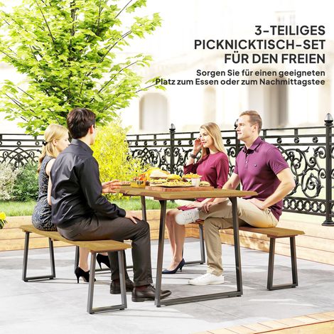 Ensemble repas bois 3 pièces 6 couverts, table + 2 bancs, orifice pour parasol, dimensions table 178x76x77 cm, bois massif naturel.