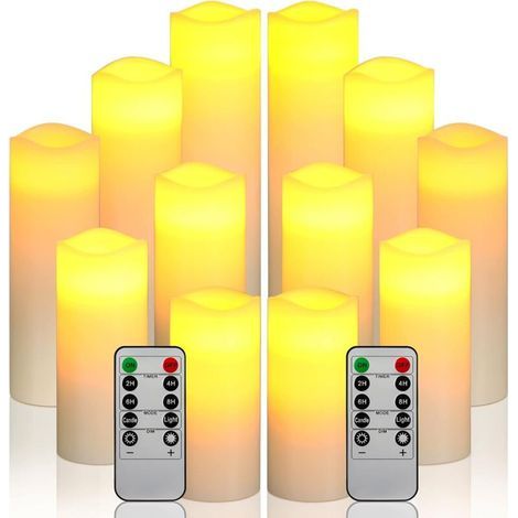 Flameless LED candles, set of 12, battery operated, made of real ivory wax with remote timer (batteries not included).