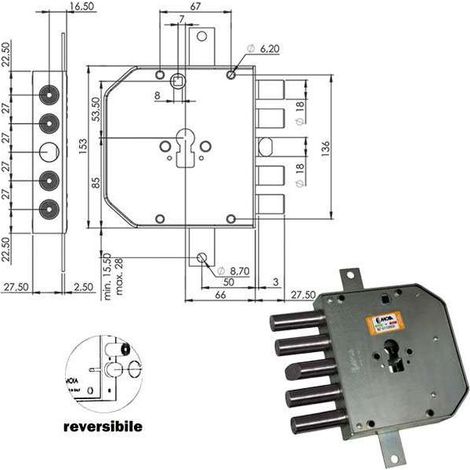 Serratura di Sicurezza Triplice con Cilindro E63 Res654+43/270 per Porta Moia