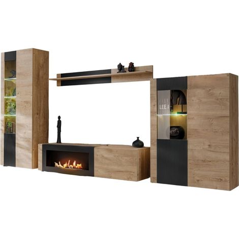 Wohnzimmer-Set DOUM – Helles Eichenholz und Schwarz – Mit Bio-Ethanol-Kamin – L320 x H192 x P45 cm