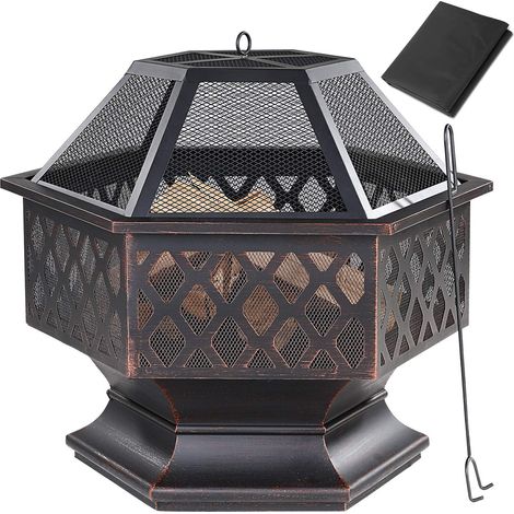 Brasero hexagonal en acier noir, grille anti-étincelles et tisonnier (1/5)