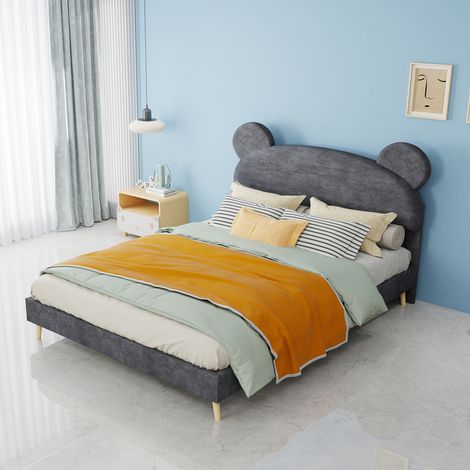 Lit double rembourré moderne - Design dessin animé - 140x200 cm - Gris - Tissu+Métal (1/5)