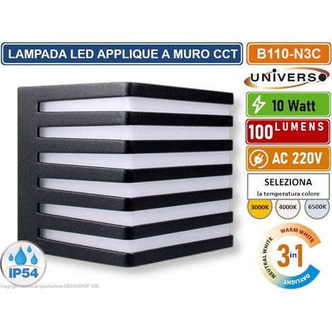 UNIVERSO LAMPADA APPLIQUE SMD LED DA MURO WALL LIGHT 10W QUADRATA IP54 COLORE NERO CCT 3 IN 1 CAMBIA COLORE LUCE (1/5)