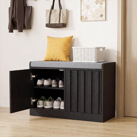 UEV Banc d'entrée à 2 Portes, Banc à Chaussures Entrée, Meuble à Chaussure, Design à Lattes en Bois, Étagères Réglables, Assise Rembourrée Épaisse, pour Entrée, Couloir, 66x33x44cm, Noir (1/5)