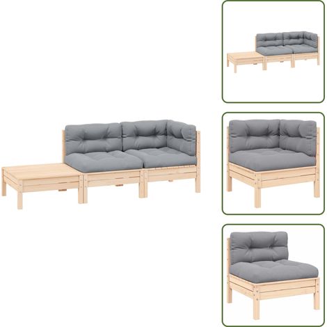 3-tlg. Garten-Lounge-Set mit Grauen Kissen Kiefer Massivholz - Garten Lounge Set - Kiefernholzmöbel - Outdoor Möbel - Gartenmöbel - Loungemöbel (1/4)