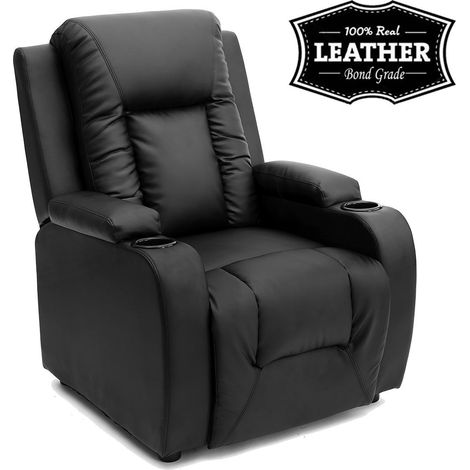 OSCAR LEATHER RECLINER w DRINK HOLDERS ARMCHAIR SOFA CHAIR RECLINING CINEMA BLACK (1/5)