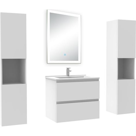 Acezanble Ensemble meuble Salle de Bain 60cm avec colonne + miroir lumineux dimmable blanc
