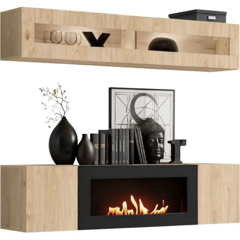 Composizione murale FLY – Rovere chiaro – Vetrina orizzontale e mobile TV con camino a bioetanolo