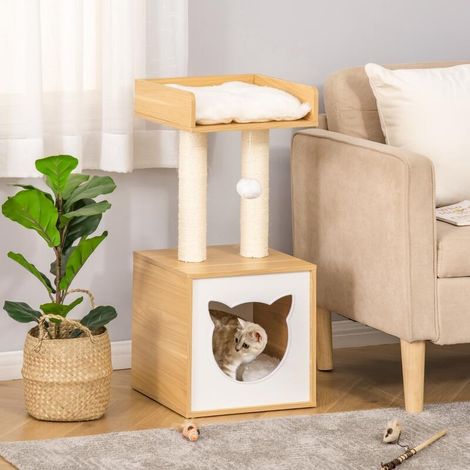 Maison pour chat avec griffoirs en sisal, niche et couchage avec coussins lavables et balle, 35 x 35 x 81 cm, chêne (1/4)