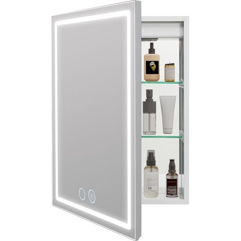 Puluomis – Armoire murale de salle de bain avec miroir éclairage LED – Prises USB intégrées – Fonction désembuage – Dimensions 70x50x14cm – Aluminium blanc