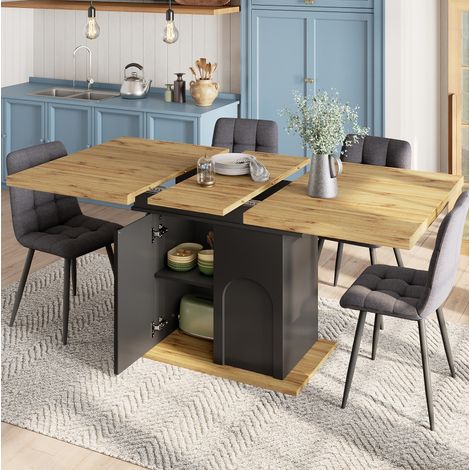 Tavolo da pranzo allungabile 110-140x80 cm con contenitore, per 2-6 persone, MDF nero e legno (1/5)