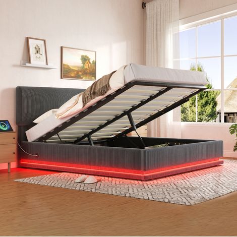 Letto imbottito in velluto a coste grigio scuro 160x200 cm con LED, USB-C, testiera regolabile e rete a doghe (1/5)