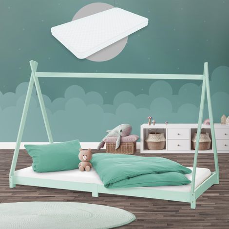 ML-Design Cama Infantil Tipi Verde Menta 90x200 cm + Colchón de Espuma Fría 16cm y Somier de Listones, Cuna de Suelo Juvenil de Madera Maciza de Pino, Lecho para Niño, Casa Tienda de Campaña Juego (1/5)