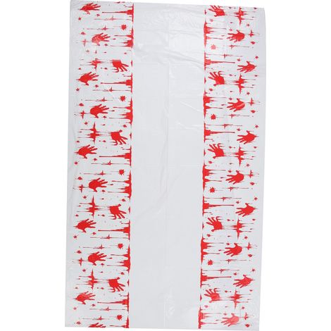 Nappe jetable en plastique avec empreintes de mains ensanglantées, bannière sanglante pour une fête d'horreur ou Halloween (1/5)