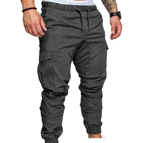 [RM]Pantalon homme à poches, coupe décontractée, cordon de serrage élastique, long, gris ZX, taille XL (1/5)