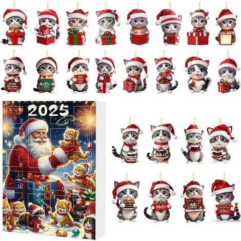 Calendrier de l'Avent 2025 - Compte à Rebours Noël 24 Jours Avec Ornements Chatons En Acrylique 2D Décorations De Vacances - Pour Garçons Adolescents Hommes Filles (1/5)