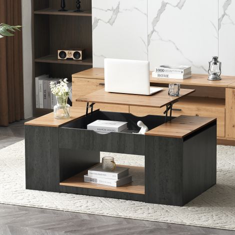 Table basse relevable : Présente une élégante structure aux teintes grises, dotée d'un plateau relevable qui dévoile un espace de rangement dissimulé en dessous.