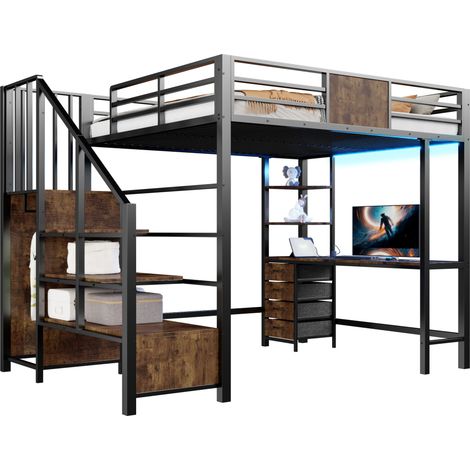 Lit mezzanine 140x200 en métal noir avec bureau, étagères, barre de penderie, LED et prise, pour petit espace, chambre ou bureau - CHICFURN (1/5)