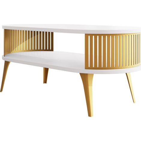 Mesa de centro Vitum IV, Dorado + Blanco, 44x50x100cm, Diámetro: 0, Aglomerado laminado, Ovalada