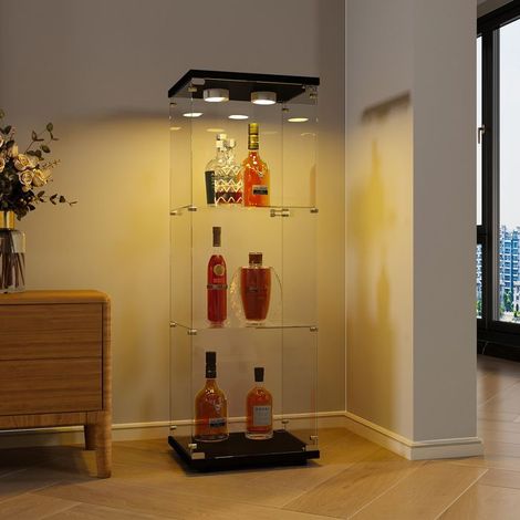Vitrine aus gehärtetem Glas mit drei Ebenen, Tür und Beleuchtung, Schwarz