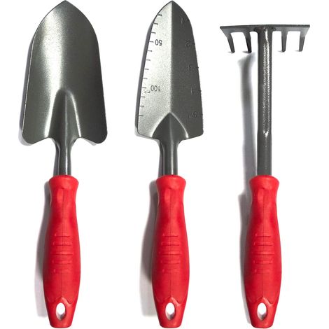 Ensemble d'outils de jardin, lot de 3 pelles à main, comprenant une truelle, une truelle à repiquer et un râteau cultivateur.
