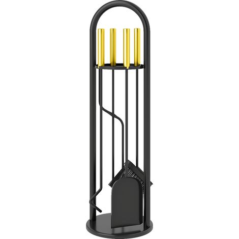 Ensemble d'outils de cheminée en métal 5 pièces comprenant balai, pelle, pinces, tisonnier et support, 20 x 20 x 71 cm, doré (1/5)