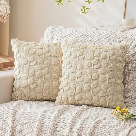 Lot de 2 Housses de Coussin 45x45 cm Motif Feuilles Jaunes Taie d'oreiller en Fausse Fourrure Douce Décoration Jacquard pour (1/5)