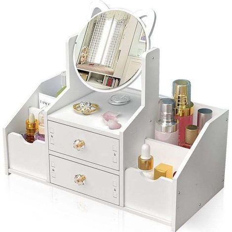 Make-up-Organizer, Kosmetikaufbewahrung, mit 2 Schubladen and 4 Fächern unterschiedlicher Größe, Kosmetik-Organizer, mit Make-up-Spiegelablage, für Make-up und Schmuck (1/4)