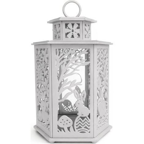 Farol de Pascua, gris, calado, conejito, vela pequeña, decoración LED