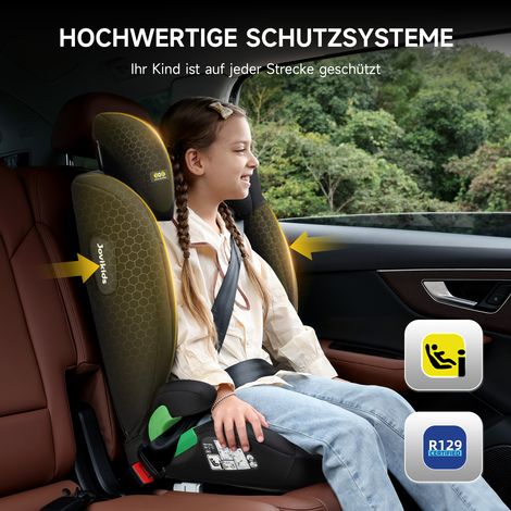 Siège auto i-Size R129 pour 3,5 à 12 ans (100–150 cm), dossier et appui-tête réglables, protection latérale contre les chocs, rehausseur léger avec Isofix, noir (1/4)