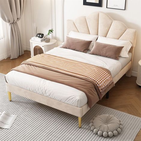 Lit rembourré 140x190 cm avec sommier à lattes – tête de lit réglable en velours beige, 2 places, charge 300 kg