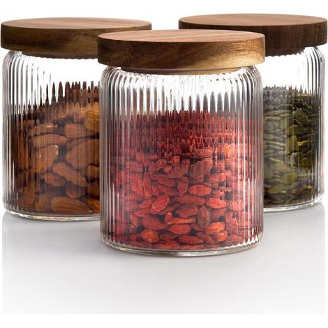 Ensemble de 3 bocaux hermétiques en verre et bois, 500 ml, avec couvercles, pour le café, pour l'organisation de la maison dans la cuisine et sur le plan de travail.-AquaForge (1/5)