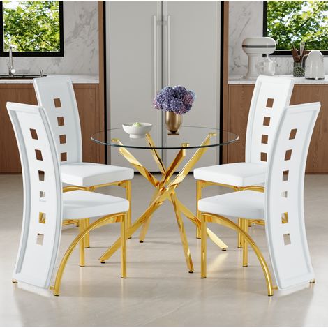 Esstisch Set rund 88 cm mit 4 Stühlen Glas PU-Leder OKMYHOME (1/5)