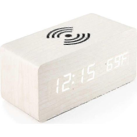 Réveil numérique en bois avec chargement sans fil, 3 alarmes, affichage LED, commande vocale et fonction snooze. Convient aux chambres et aux bureaux. Bois blanc. (1/5)