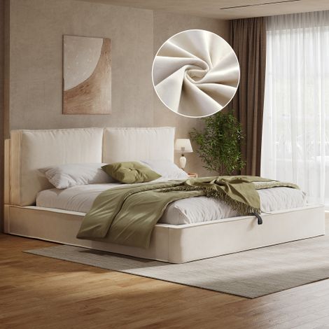 Cama tapizada, cama doble, 180 x 200 cm, cama hidráulica regulable, cama con somier de láminas, cabecero, cabecero tapizado, beige, terciopelo (1/5)