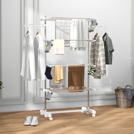 Étendoir à linge pliable 3 niveaux avec ailes latérales réglables, 6 roulettes dont 2 freinées, gain de place pour intérieur ou balcon, pratique - CHICFURN (1/5)