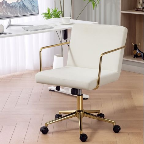 Sedia da ufficio girevole in poliestere crema, inclinabile, girevole 360°, base in acciaio, 57x64x80-90 cm (1/5)